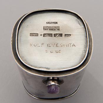 a silver bowl and a beaker with amethyst decor, mark of Reijo Sirkeoja, Hopeataidetakomo, Tampere Finland 1964-65.