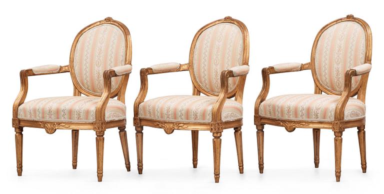 Three Gustavian 18th century armchairs.