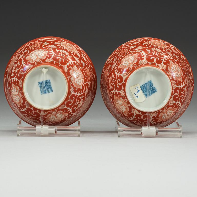 A pair of coral red bowls, Late Qing dynasty with Daoguang seal mark.