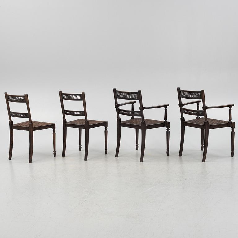A pair of stained birch armchairs, and a pair of chairs, 'Harding' Nordiska Kompaniet, first half of the 20th Century.