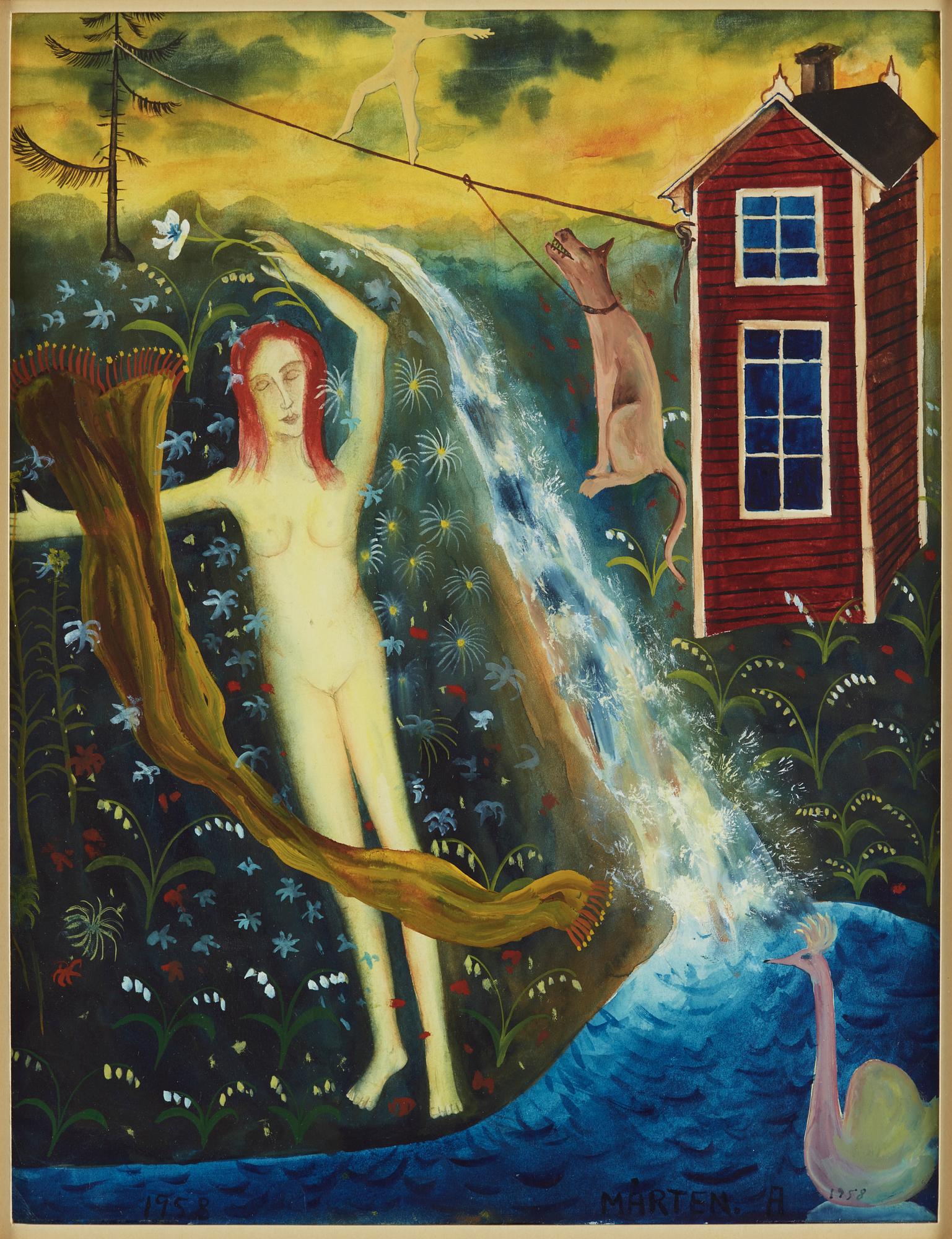 MÅRTEN ANDERSSON, akvarell med täckvitt på papper, signerad Mårten A. och daterad (dubbelt) 1958.