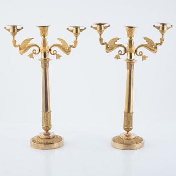 A pair of ormolu three-branch Empire candelabra, Stockholm, early 19th century.