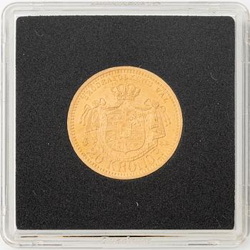 Guldmynt, Oscar II, 20 kronor, typ III, Sverige 1899.