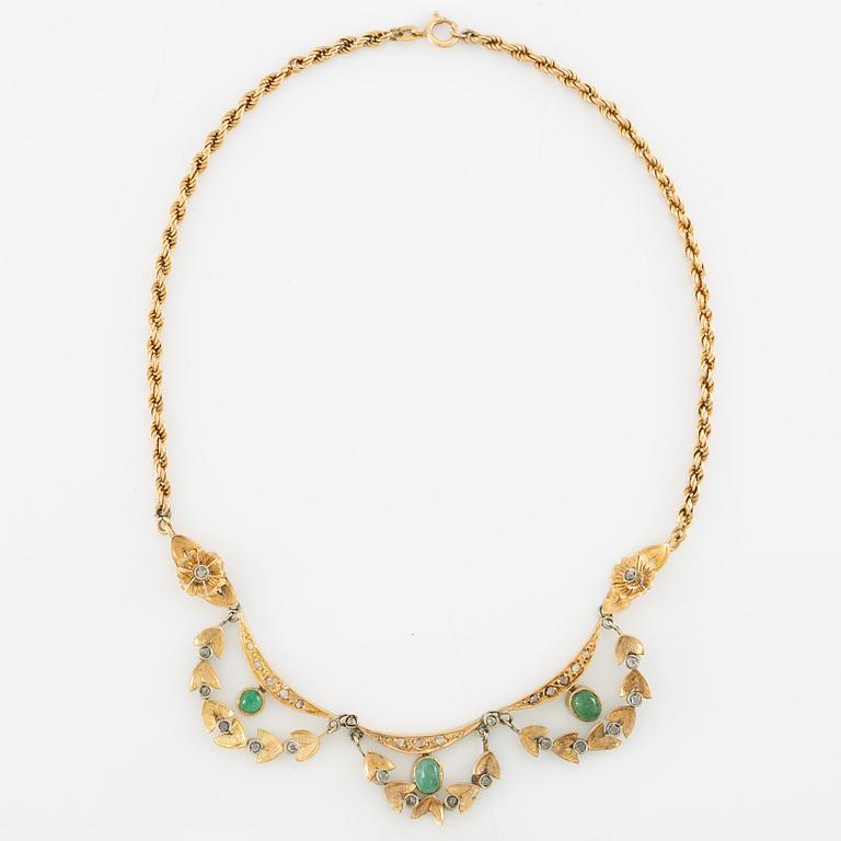 Necklace and bracelet in with floral motif set with cabochon-cut emeralds and rose-cut diamonds.
