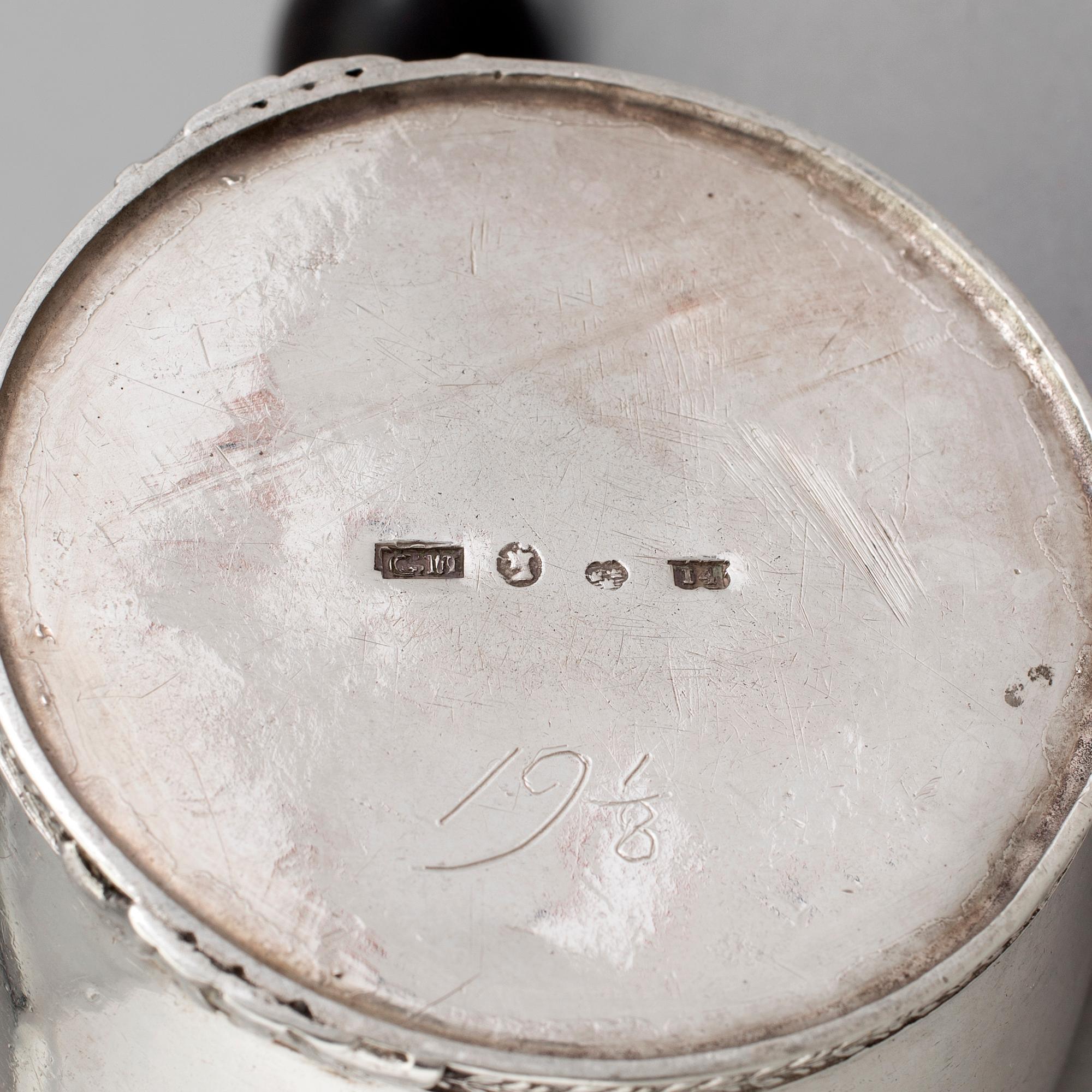 A silver coffee pot by GUSTAF MÖLLENBORG, Stockholm, 1839.