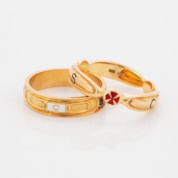 Two rings, 18K gold and enamel.