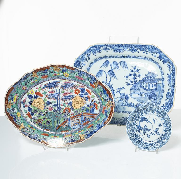 Two Chinese blue and white porcelain dishes and a small dish, Qing dynasty, 18th century.