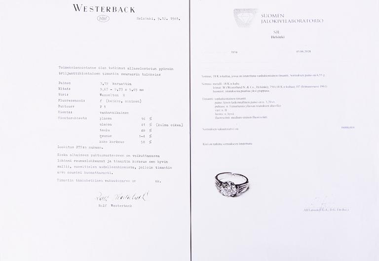 DIAMANTRING, 18K guld, gammalslipad diamant ca 3.19 ct, Westerlund N. & co, Helsingfors 1961.