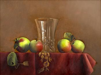 105. Nadine Lundahl, APPLES ON RED CLOTH.