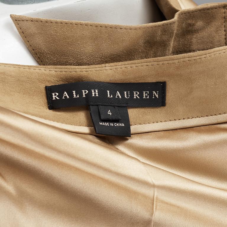 A beige suede skirt by ralph Lauren.