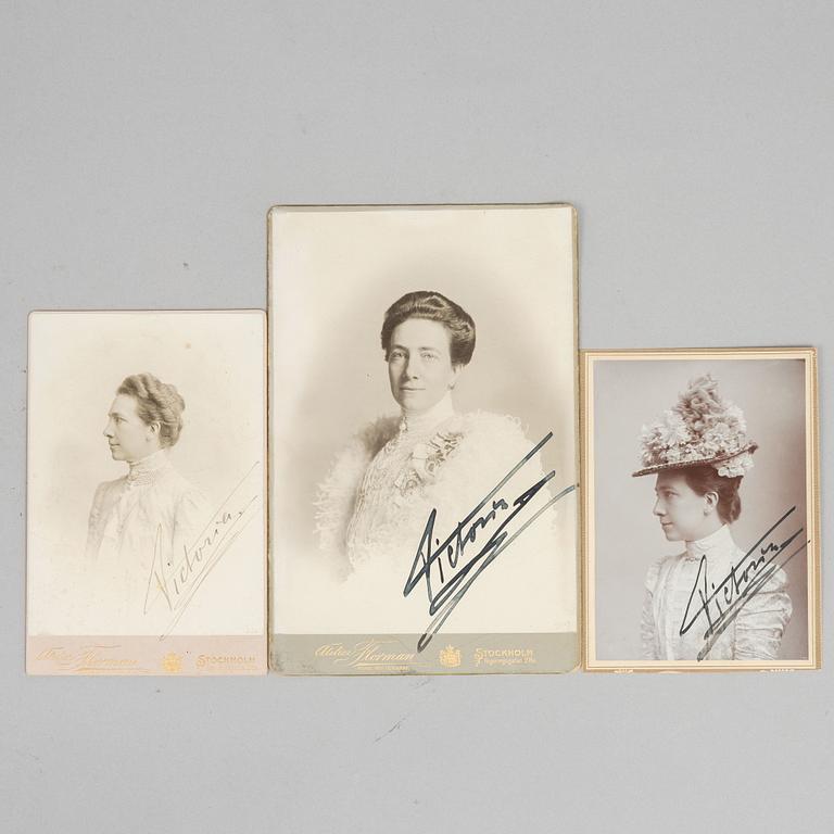 Royal photographs, 3 pcs, handwritten by Queen Victoria of Sweden.