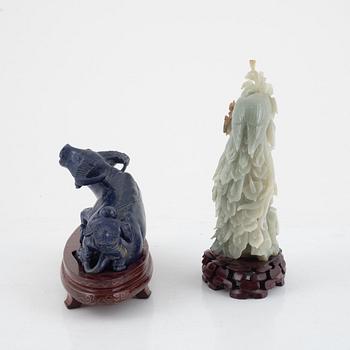 Three carved figurines and a bowl, China, 20th century.