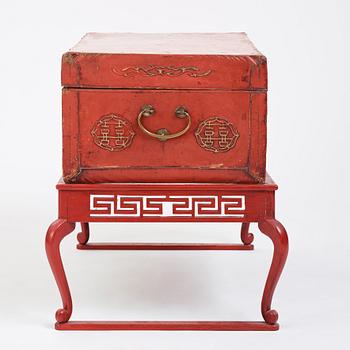 A red lacquered chest on a later stand, late Qing dynasty, 19th Century.