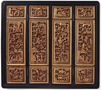 914. A set of four framed wooden panels, Qing dynasty, 19th Century.