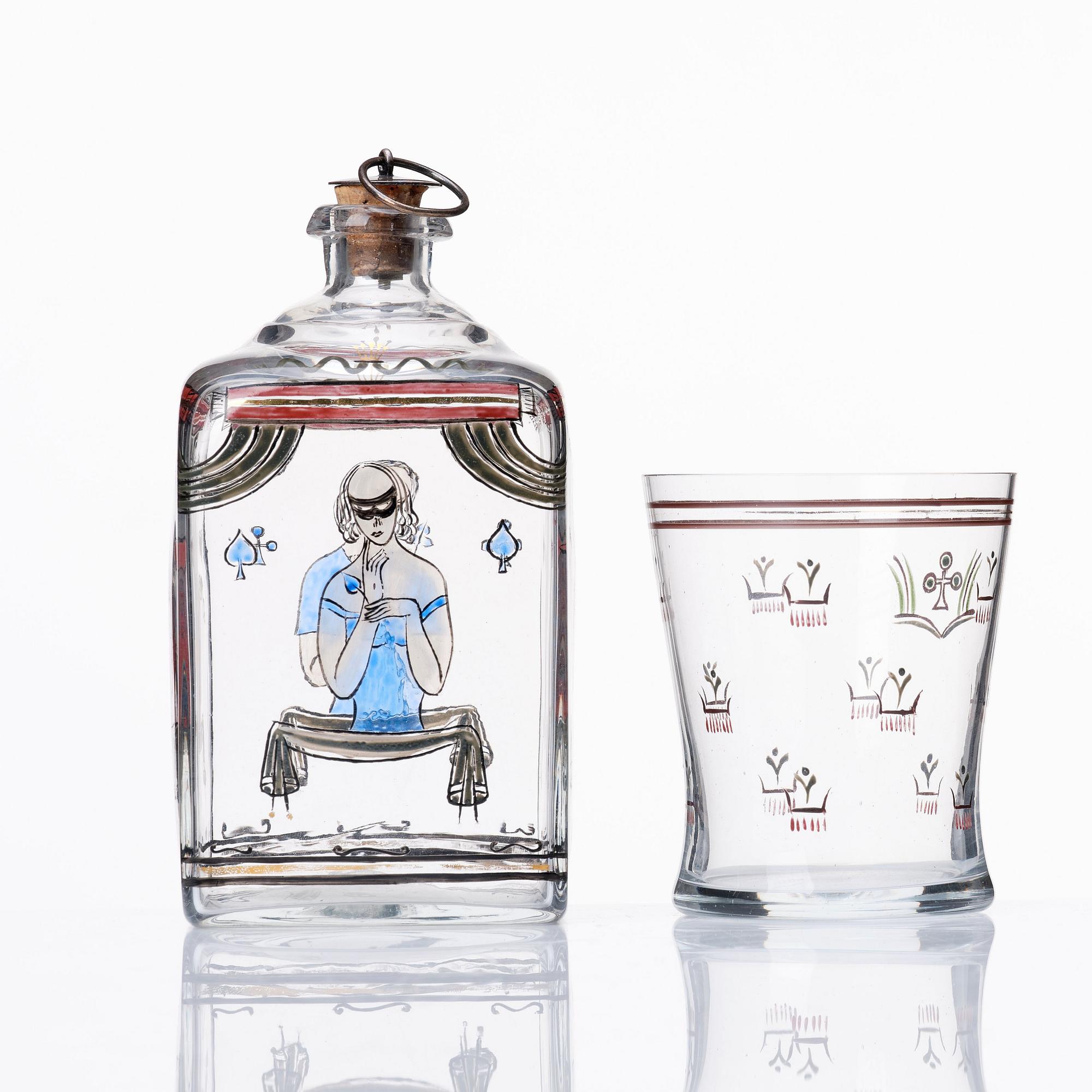 Peder Nyblom, a painted glass bottle and beaker, Orrefors 1924.