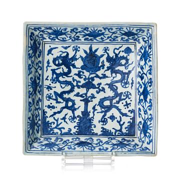 935. A blue and white dragon dish, Ming dynasty with Jiajings six character mark and of the period (1522-66).