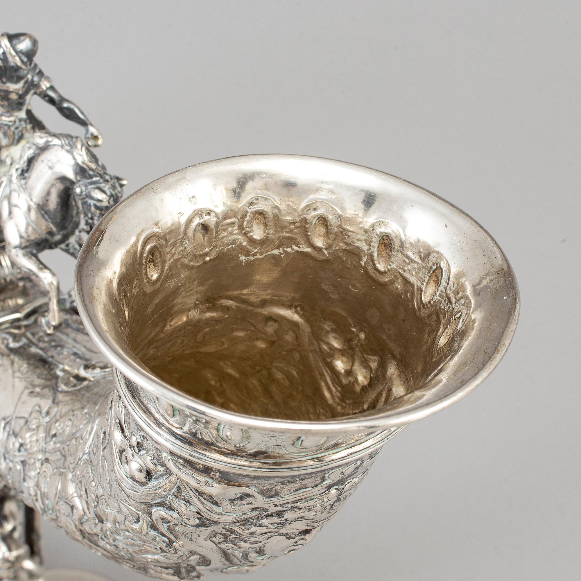 A German silver drinking horn, JD Schleissner & Söhne, Hanau around 1900.