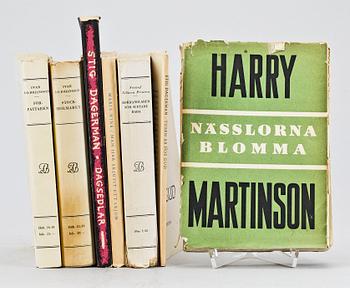 BOKPARTI, 7 delar, skönlitteratur, bla "Nässlorna blomma" av Harry Martinson, originalupplaga 1935.