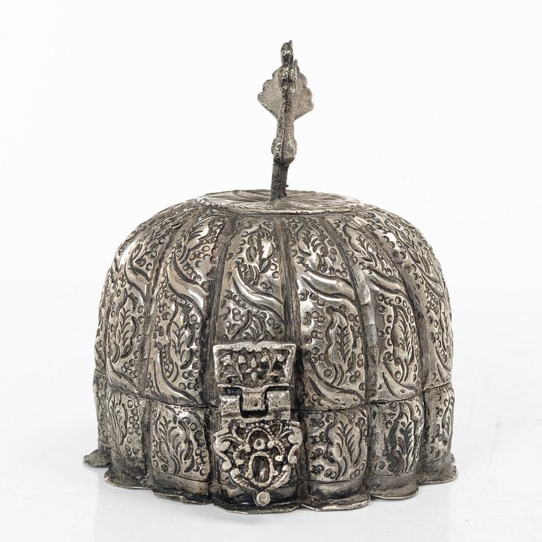 A silver on metal Mughal style box, India, circa 1900.