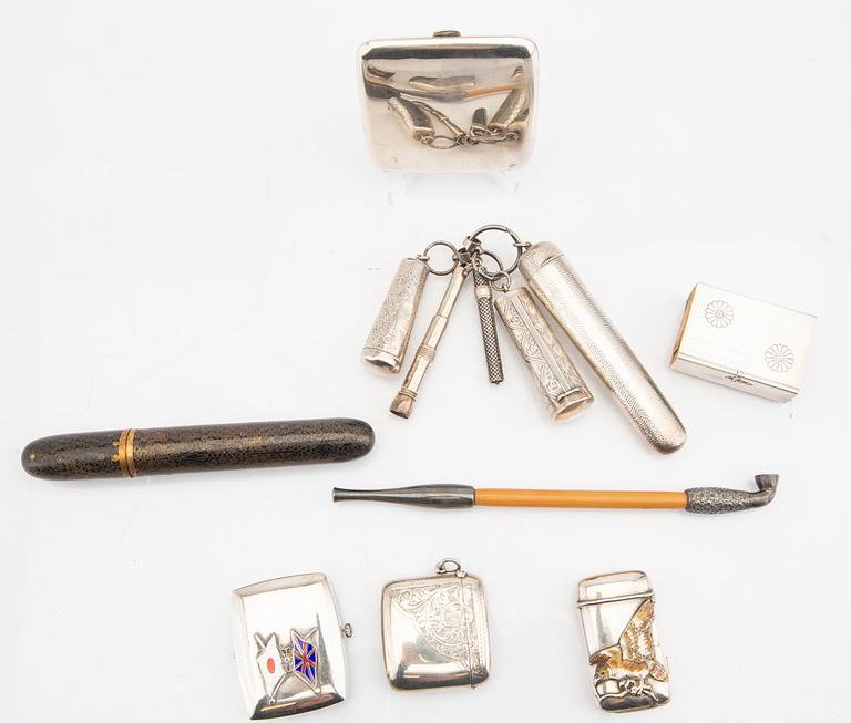 A set of 8 pcs of smoking utensils mostly silver early 1900s Japan/England.