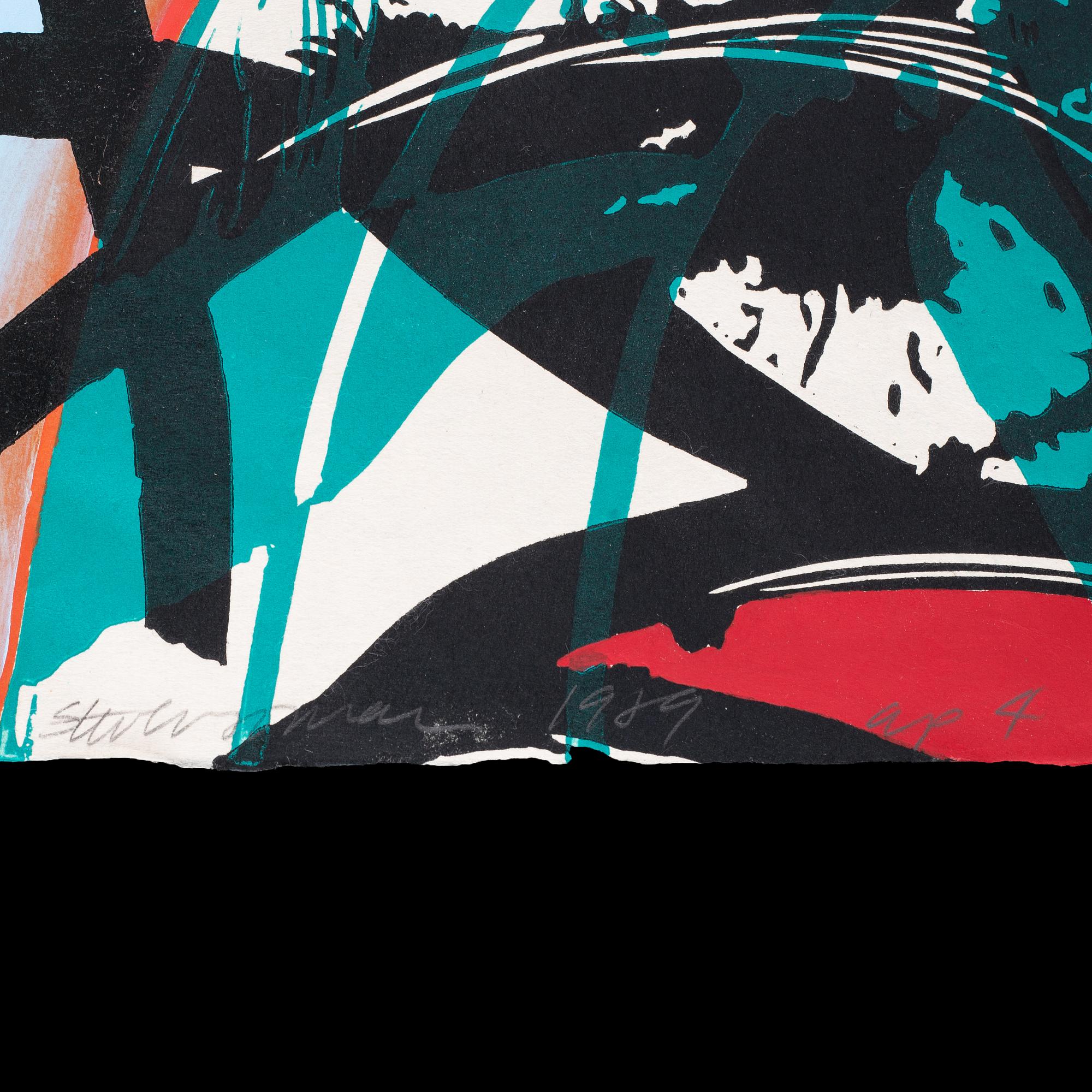 Steven Sorman, handcoloured linocut, signed and dated 1989, numbered ap 4.