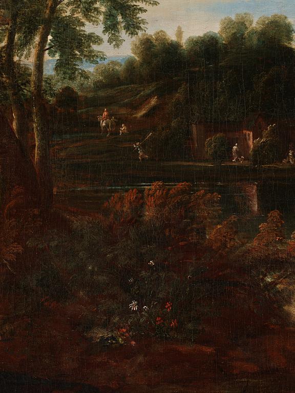 Gaspar de Witte Circle of, Extensive landscapes with figures beside a village, a pair.