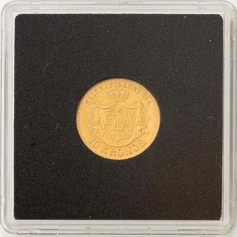 Gold coin, Oscar II, 10 kronor, type II, Sweden 1883.