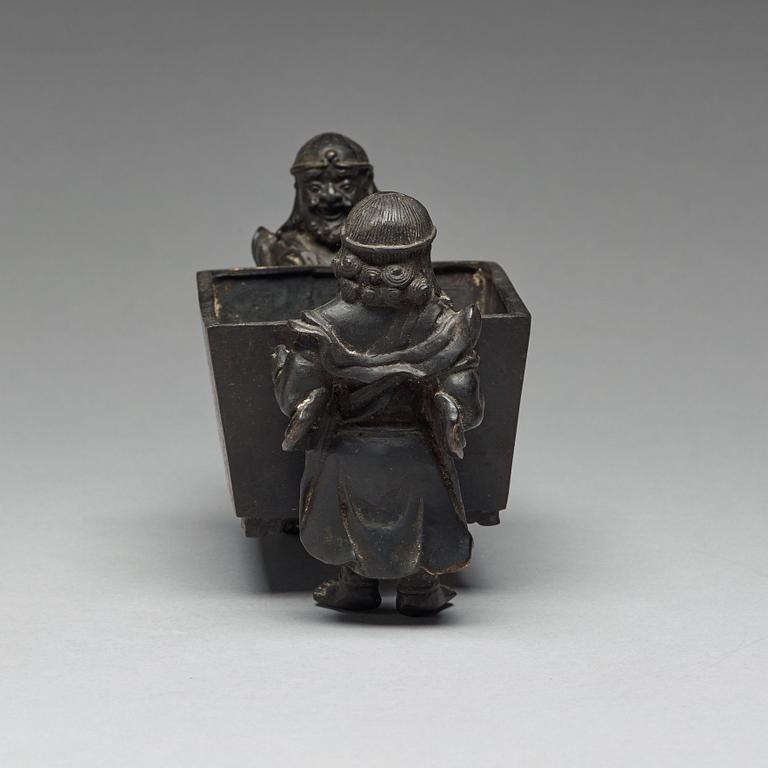 A bronze incense burner carried by two men, Qing dynasty (1644-1912), with Xuande mark.