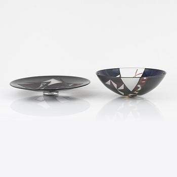 Klas-Göran Tinbäck, a glass bowl and unique glass dish, executed in the artists own studio, 1983 and 1996, Sweden.