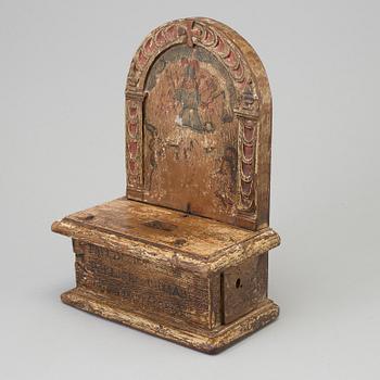 A PAINTED WOOD OFFERING BOX, probably 17th century.