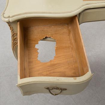 A mid 20th century Rococo style dressing table, a pair of bedside tables and one stool.