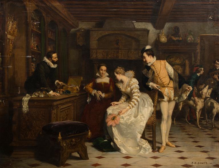 Pierre Charles Comte, JEANNE III OF NAVARRE BUYING POISONED GLOVES FROM CATHERINE DE MEDICI'S PARFUMEUR, RENÉ.