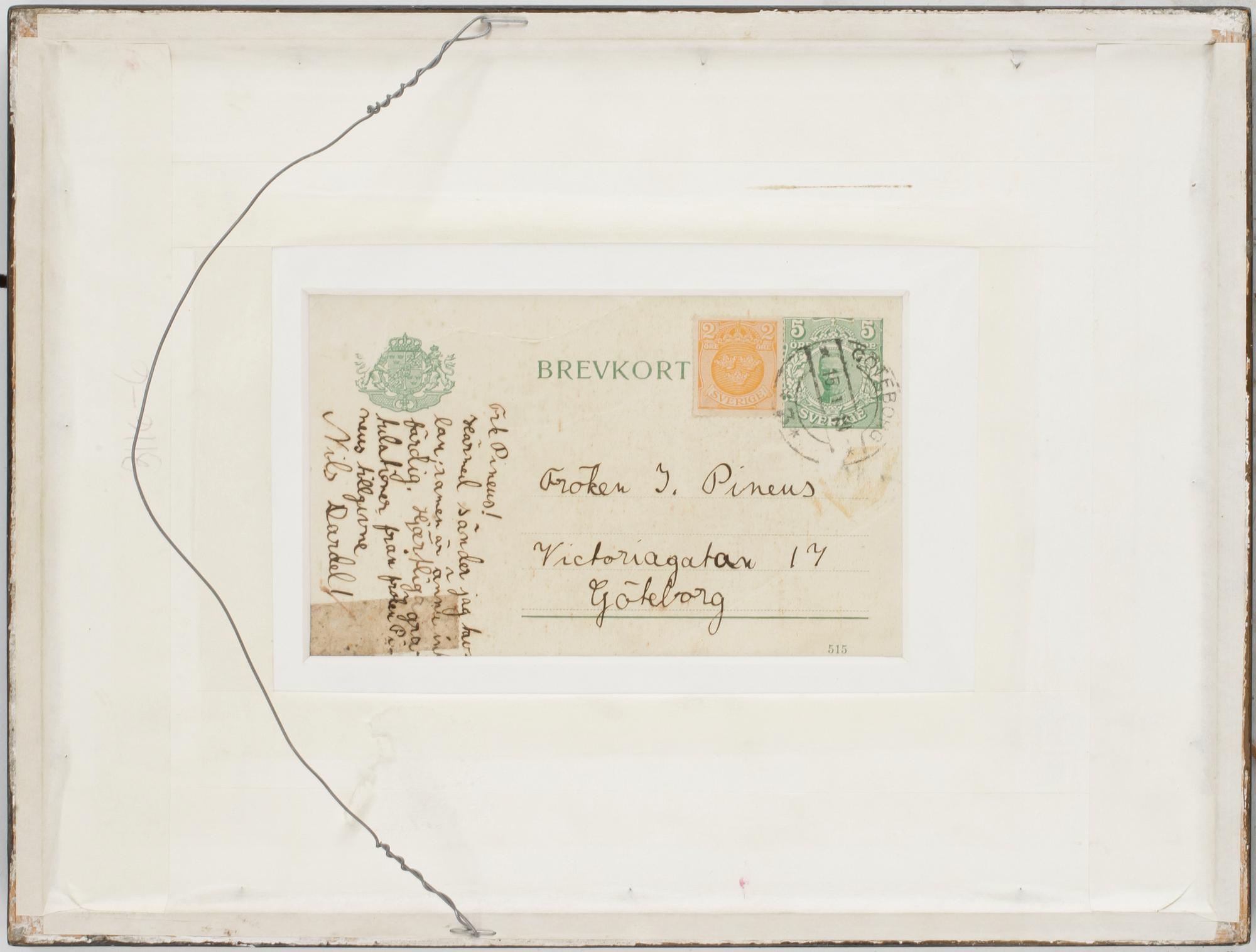 NILS VON DARDEL, akvarell på brevkort, sign o dat på poststpl 1919.