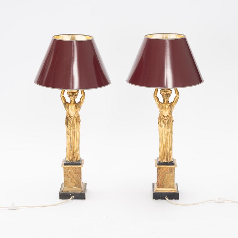 A pair of metal Empire style table lights, late 20th Century.