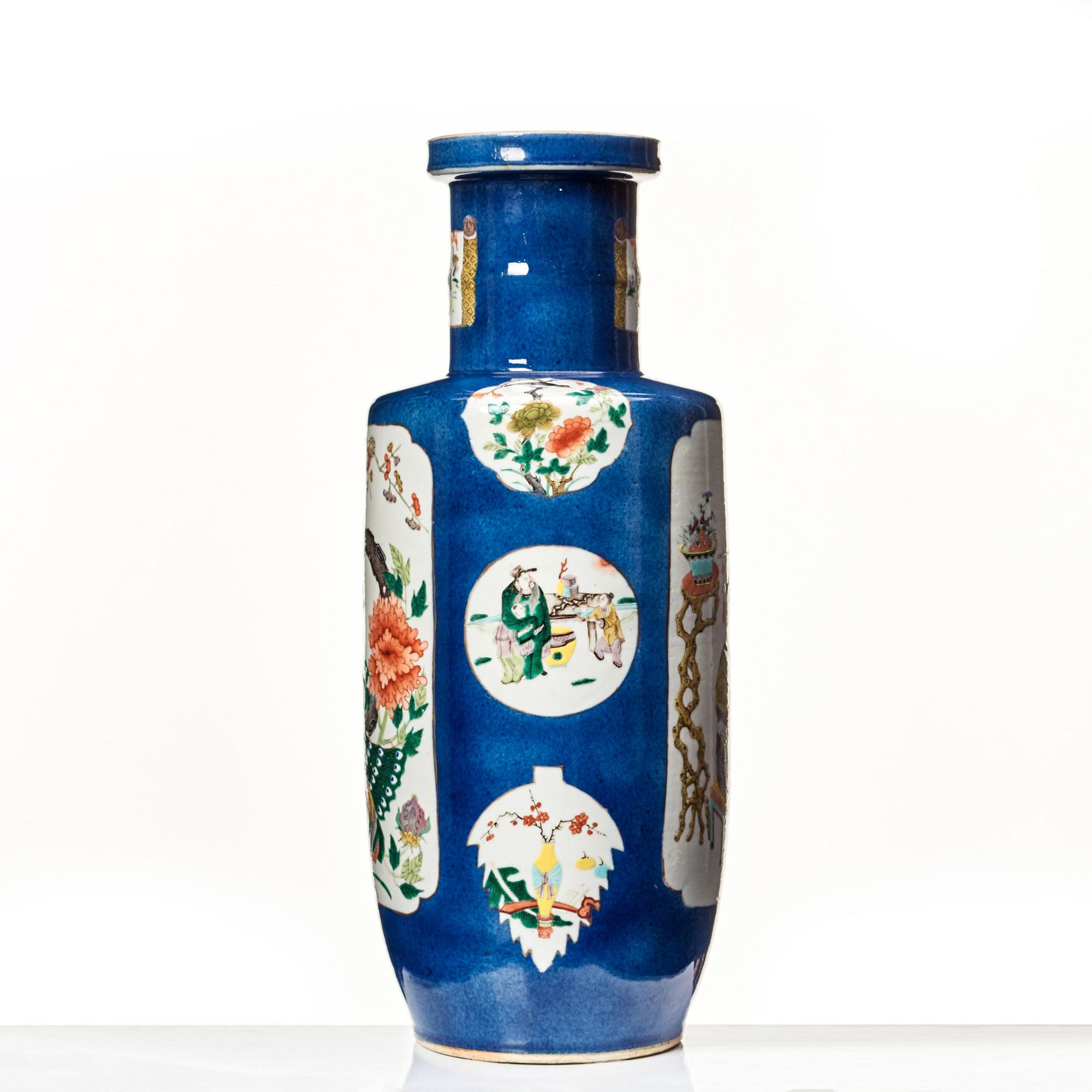 A powderblue and famille verte roleau vas, late Qing dynasty.