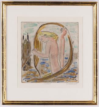 Hans Wigert, handkolorerad torrnålsetsning, signerad Hans Wigert.