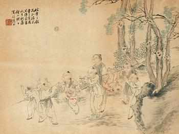 An Album-leaf of playing children, signed Liao Shiqin, late Qing dynasty (1644-1912).