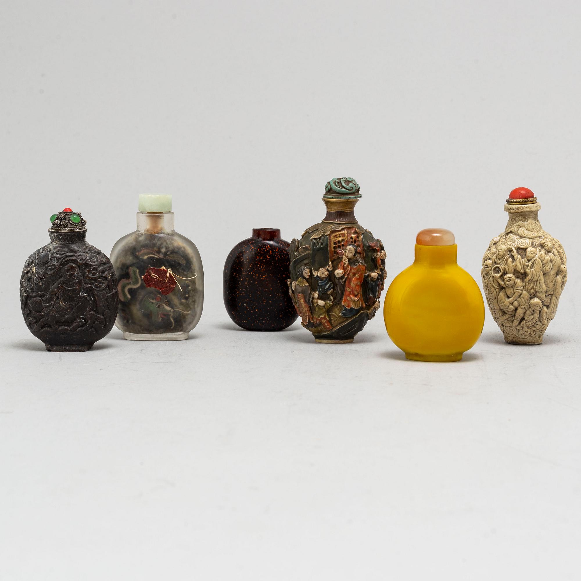 Six Chinese snuff bottles, 20th century.