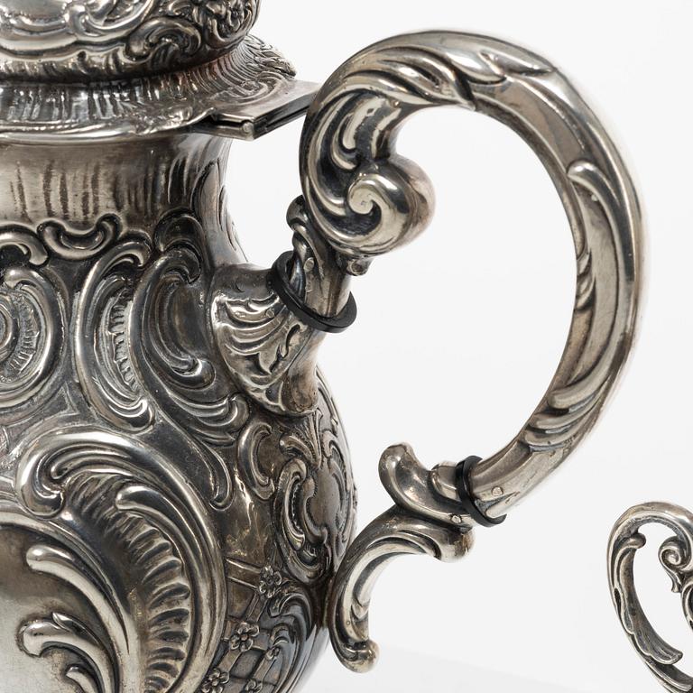 A three-piece rococo-style silver coffee service, GEWE, Malmö, 1955.