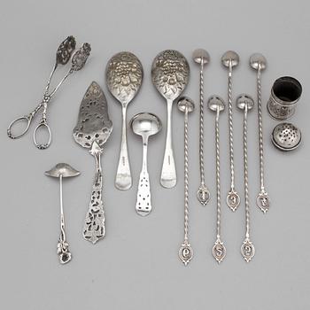 A Victorian silver salt shaker marked Birmingham 1897 and a collection of silver (3) and plate (9) flatware.