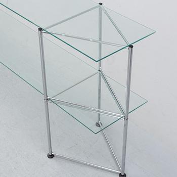 A late 20th century glass and metal shelf / sideboard.
