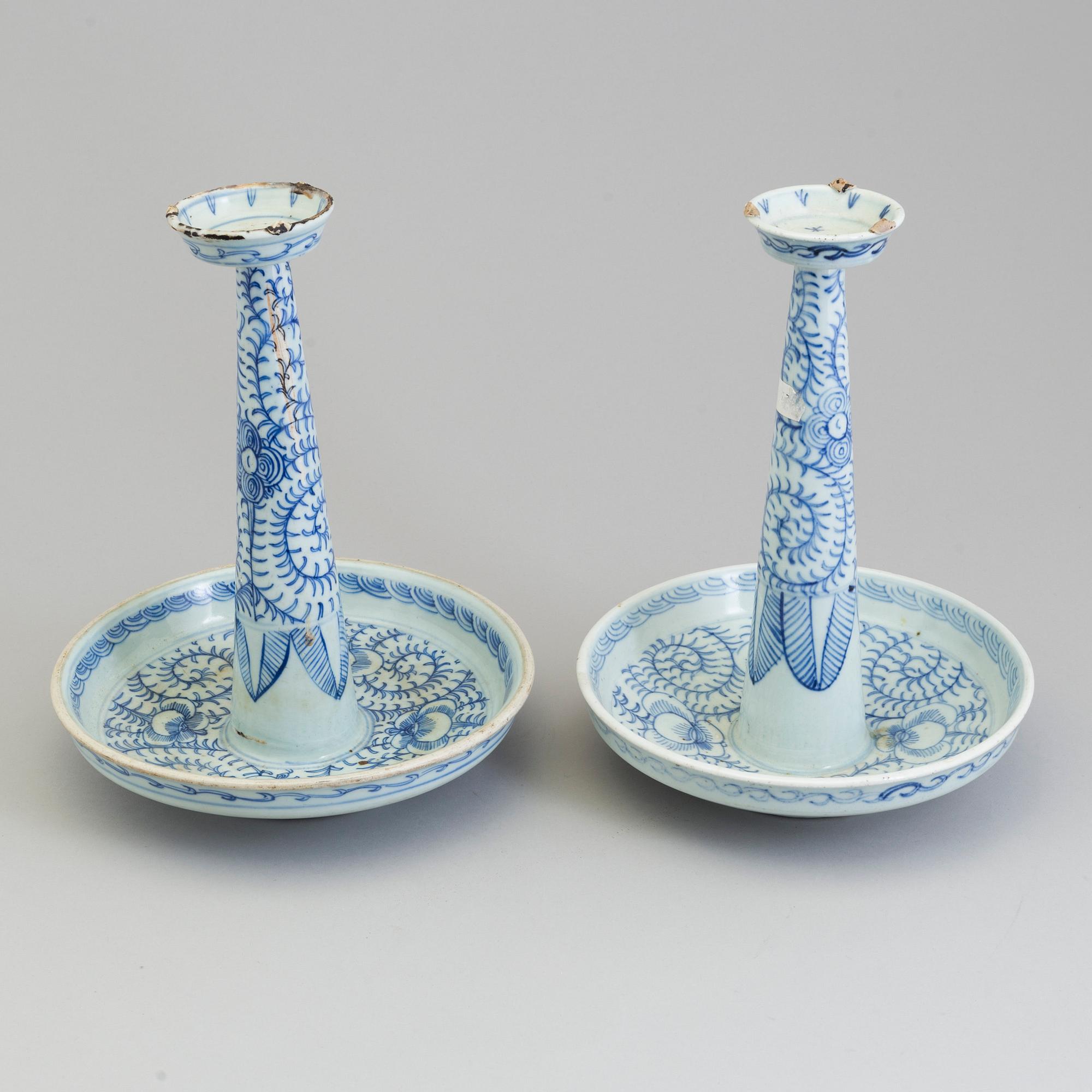 A large pair of Chinese blue and white porcelain incense holders/candle holders, Qing dynasty, 19th century.
