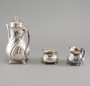 KAFFESERVIS, 3 delar, silver, rokokostil, Gottlieb Kurz, Tyskland, 1900-talets början, vikt 899 gram.