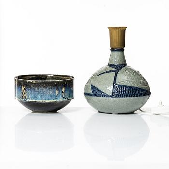 Carl-Harry Stålhane, bowl and Charlotte Hamilton, table lamp, stoneware, Rörstrand.