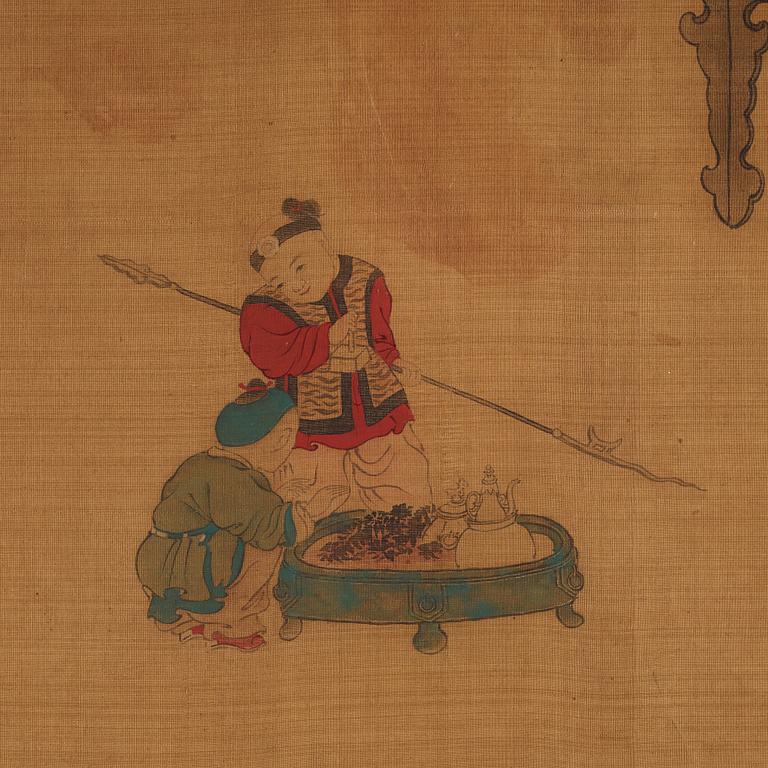 Rullmålning, färg och tusch på siden, lagt på papper, sen Qing dynasty/tidigt 1900-tal.