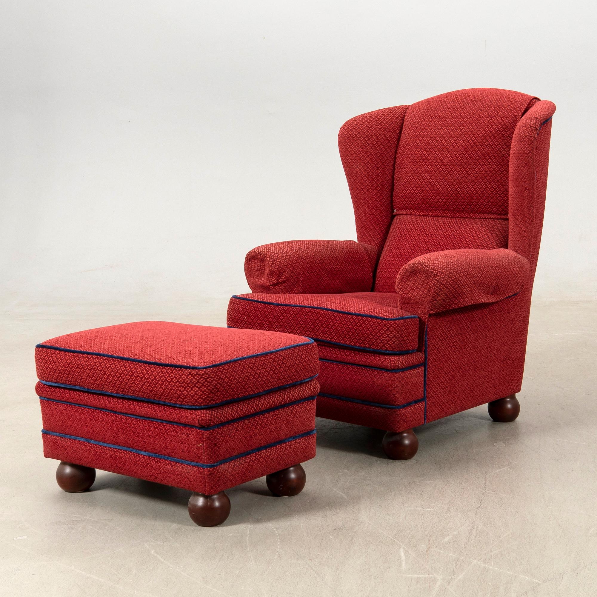 Armchair with footstool, modern production.