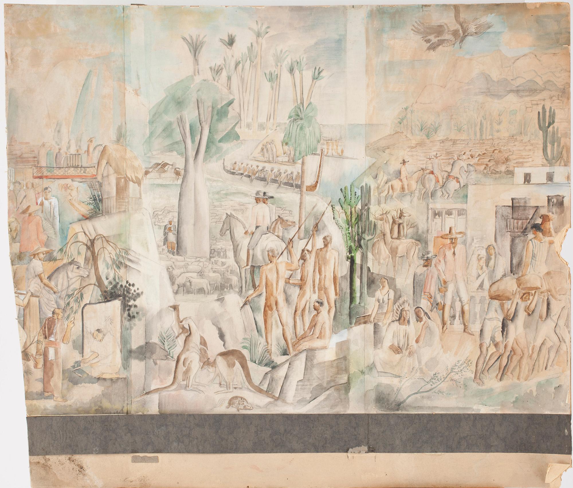 FÖRLAGOR TILL MURALMÅLNINGAR, 3 delar, blandteknik, 1900-talets första hälft, troligen 1920-tal.