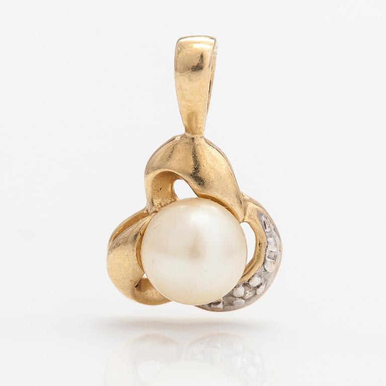 A 14K gold pendant with a cultured pearl and a diamond ca. 0.005 ct.