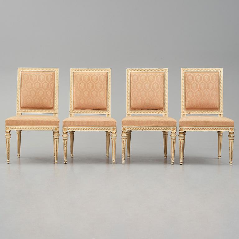 A set of four carved Gustavian chairs, late 18th century.
