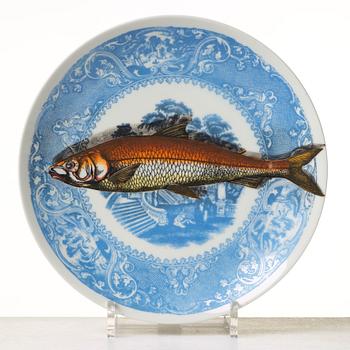 Piero Fornasetti, a set of six "Piscibus" porcelain plates, Milan, Italy, post 1955.